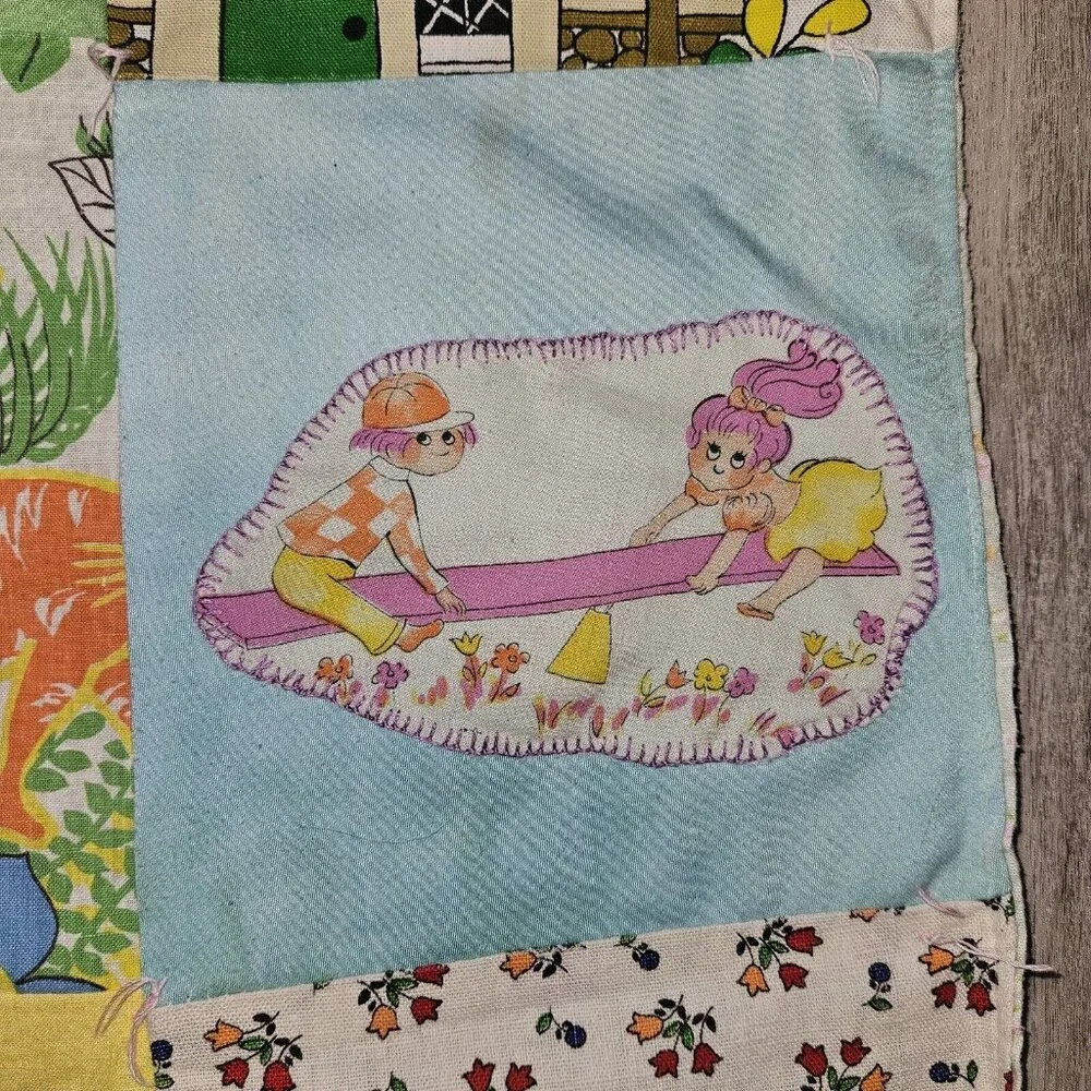 Vtg Handmade Blanket Boho Quilt Colorful Coverlet 62x83 70s 80s Fairy Tales